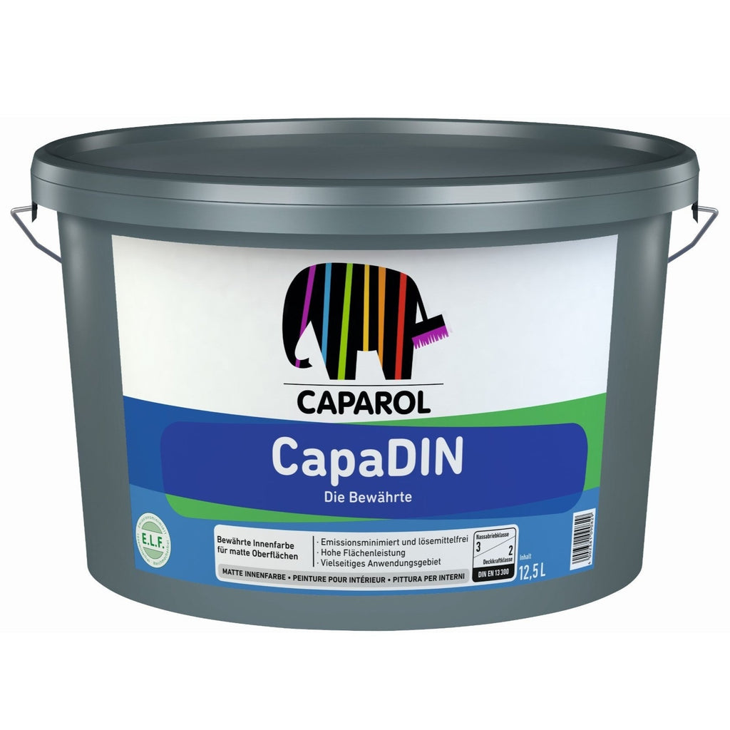 Approved quality • Flat Matt interior paint 2.5% sheen. Multi-purpose paint for coatings on interior walls and ceilings. Due to its easy application, CapaDIN is particularly suitable for large-area projects, where a high ground coverage is required.