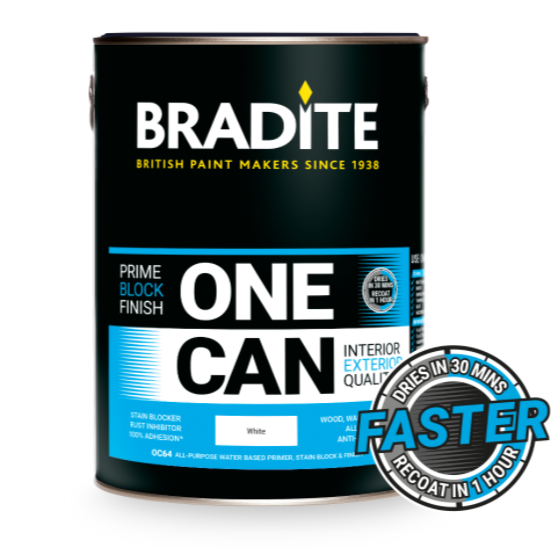 ONE CAN is a single pack, quick drying, low odour, water thinned primer/finish coat, with excellent adhesion, stain blocking and anti-corrosive properties.  ONE CAN provides protection to many substrates, including interior and exterior joinery, metals, building plastics and cementicious surfaces.  ONE CAN ‘blocks & locks’ stains, hides troublesome knots and resinous bleed on hardwoods, and locks in awkward water stains. paintshack 