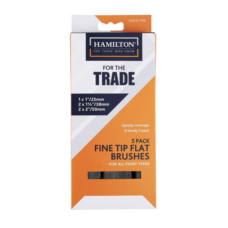 Packaging of Hamilton fine tip flat brushes with orange and white design