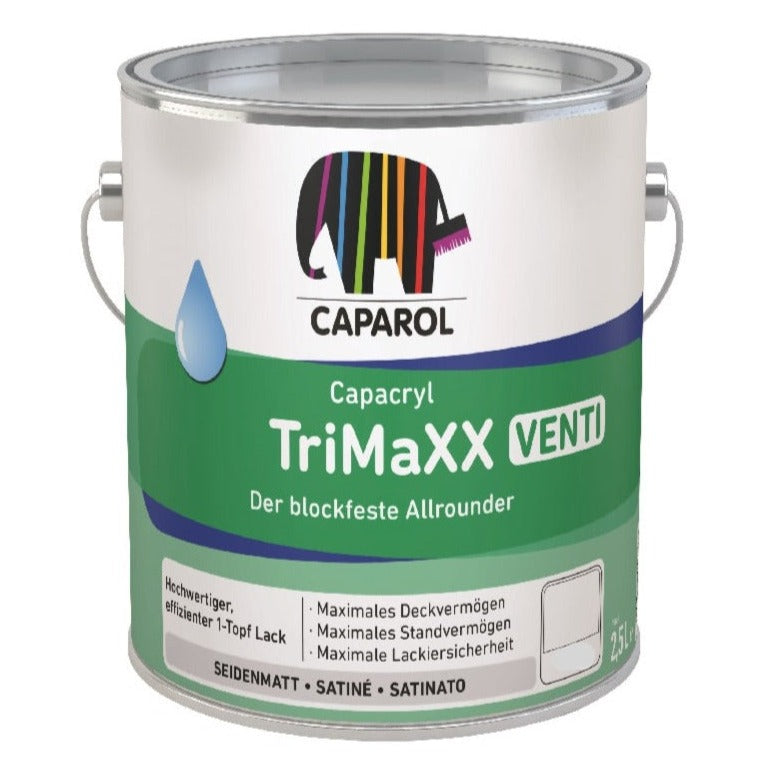 Caparol Capacryl TriMaXX Venti Field of Application  Water-thinnable one-pot Satin for wooden components such as windows and doors with old sanded alkyd resin and dispersion varnishes. 