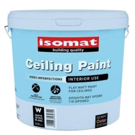 ISOMAT CEILING PAINT is a flat matt water- based emulsion paint for use on interior ceilings.  Its ultra low sheen level reduces light reflectance significantly, making it perfect for hiding surface imperfections. paintshack.co.uk