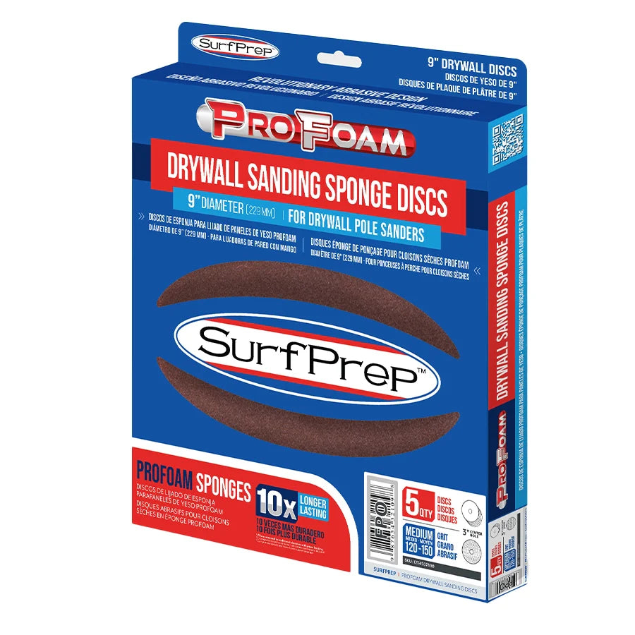 Box of SurfPrep Pro foam drywall sanding sponge discs on a white background
