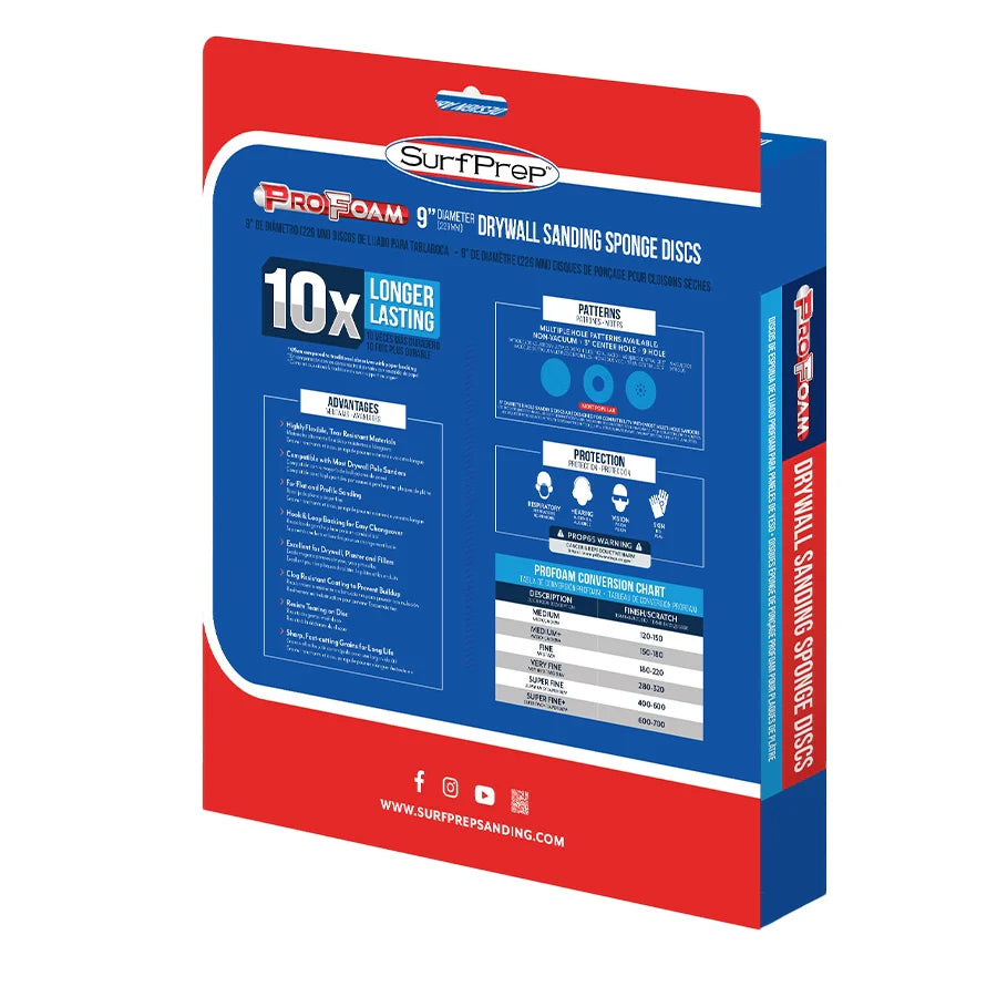 Box of SurfPrep drywall sanding sponge discs with red and blue design
