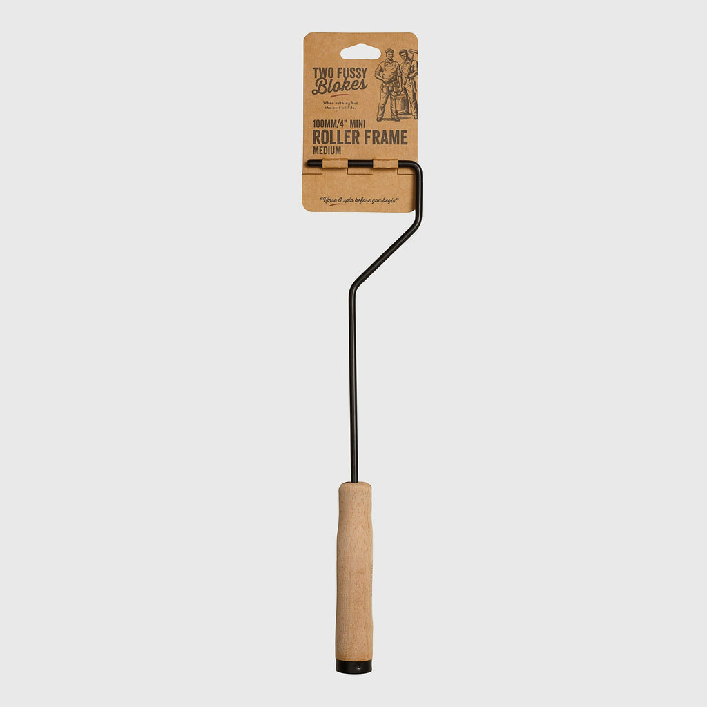 Mini Paint Roller Frame Single Wooden Handle with stylish black rod and threaded end for extensions pole. Paintshack.co.uk