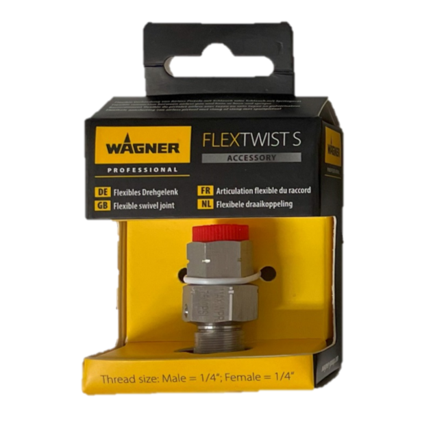 FlexTwist S is a small, flexible swivel joint that can be mounted either between the airless gun and material hose or between the hose and sprayer. With a 360 degree rotating axis, FlexTwist S makes rolling and unrolling the hose easy and prevents annoying twisting of the Airless hose.