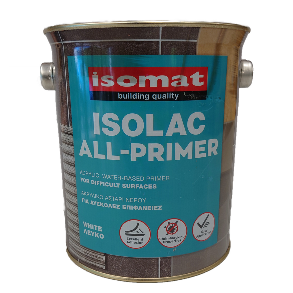 ISOLAC ALL-PRIMER is a next-generation, white, acrylic water-based primer formulated to provide ultimate adhesion for subsequent coats of paint over interior or exterior glossy, non-absorbent surfaces where common primers would fail. It can be overcoated with emulsion or acrylic paints, the ISOLAC-AQUA ECO water-based enamels, or the solvent-based enamels from the ISOLAC range. It provides easy, low-odor application while delivering uniform hiding power, effectively blocking old stains. paintshack.co.uk