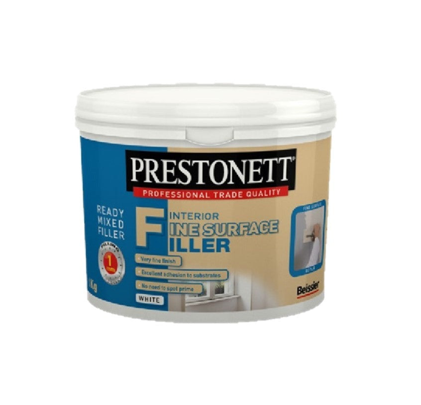 Prestonett Ready Mixed Fine Surface Filler is a ready to use interior filler suitable for use on old painted surfaces, plaster, plasterboards, primed wood, cement, brick, masonry, stone etc. Dries to a cream white finish. The substrates to be filled must be clean, hard, sound and dry. Application thickness up to 1mm. 4 hours drying time. Ready for use.