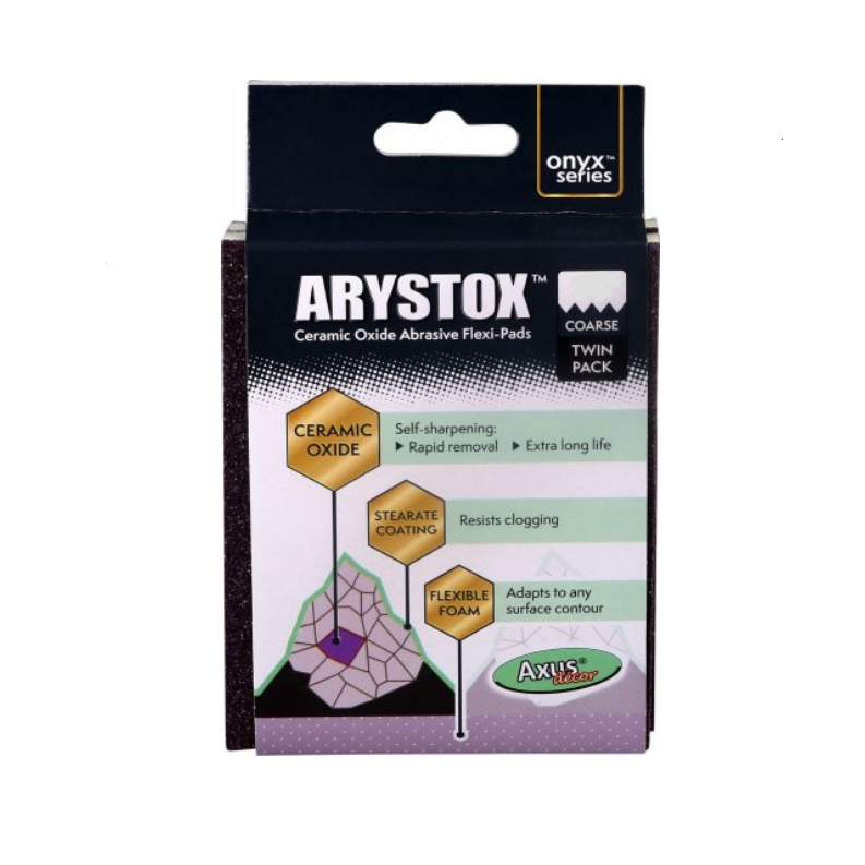 Axus Arystox CERAMIC OXIDE: Self-sharpening for rapid removal and extra long life  STEARATE COATING: Resists clogging  FLEXIBLE FOAM: Adapts to any surface contour  CAN BE USED WET OR DRY Paintshack 