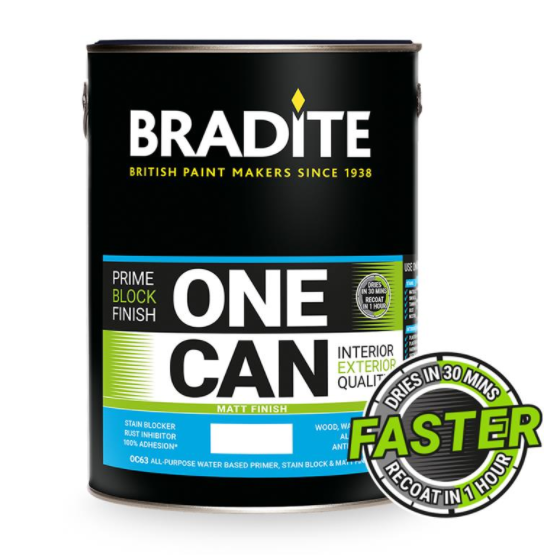 ONE CAN Matt is a primer, stain blocker and matt finish, all in one can. Due to being water-based, the product is virtually odourless and is touch dry in as little as 30 minutes, with recoats possible after just 1 hour. paintshack 