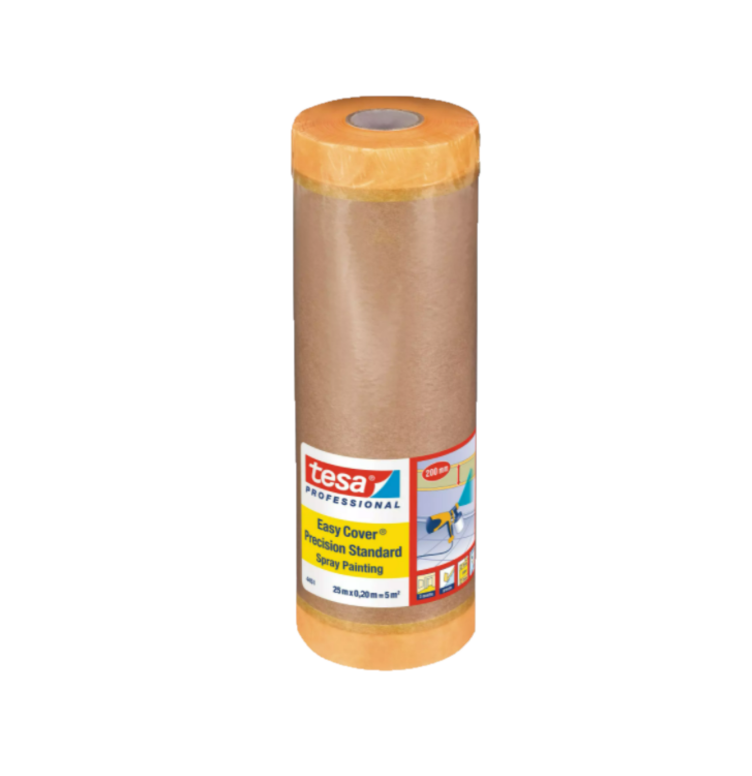 tesa® Easy Cover Spray 4451 Is the ideal solution for painting jobs with paints and lacquers on door frames or skirting boards, for example. Protection is safe and reliable. The masking paper has a length of 25m and a width of 20cm. Paintshack.co.uk
