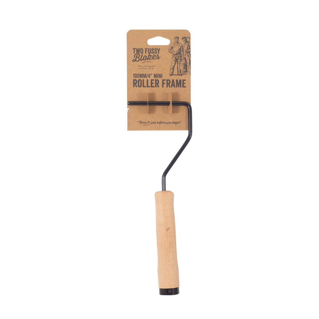 Mini Paint Roller Frame Single Wooden Handle with stylish black rod and threaded end for extensions pole. Paintshack.co.uk